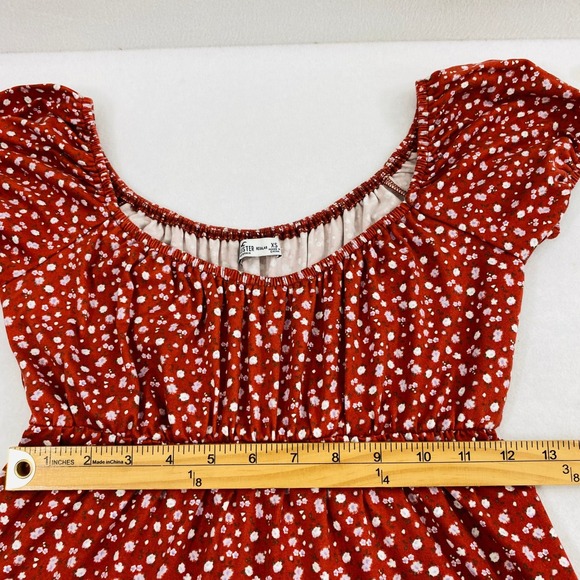 Hollister Prairie Dress Womens XS Rust Red Ditsy Floral Puff Sleeve Tiered Boho - Picture 6 of 11